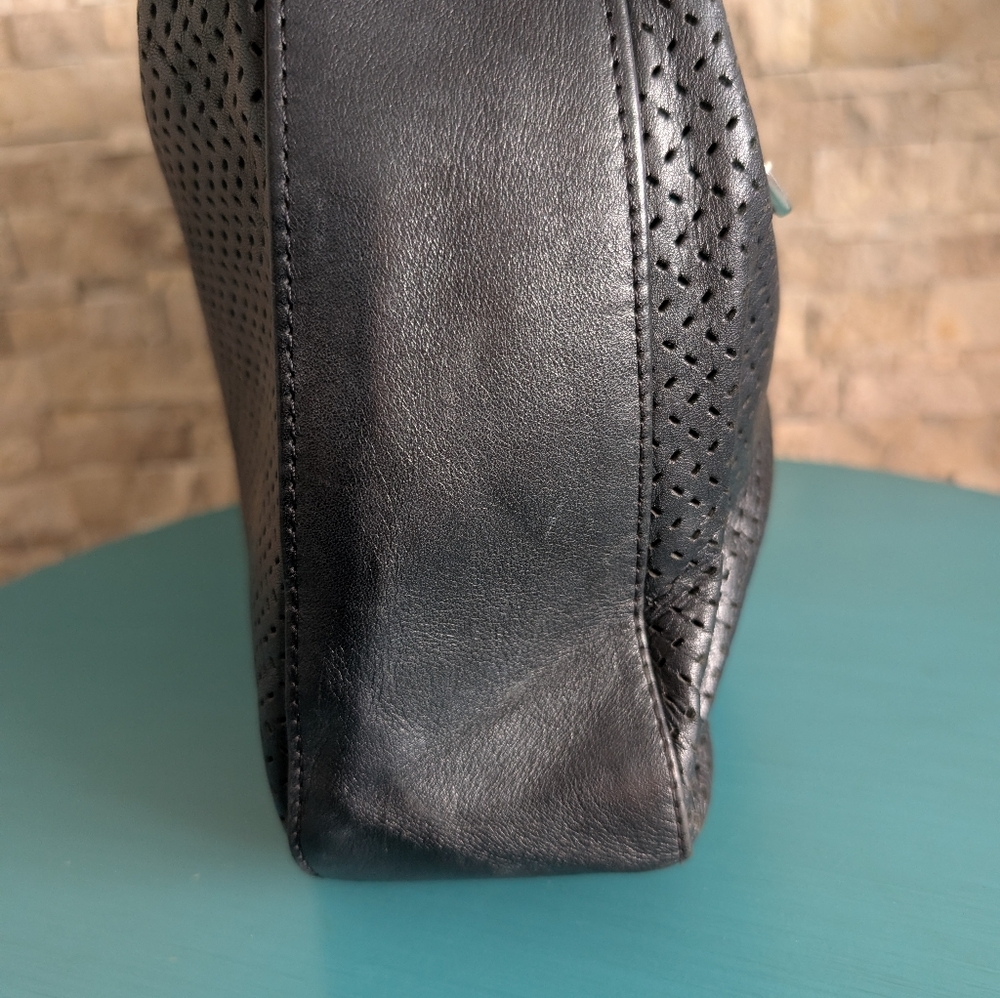 Vintage Made In Italy Perforated Genuine Leather Black Hobo Shoulder Bag Minimal image 7